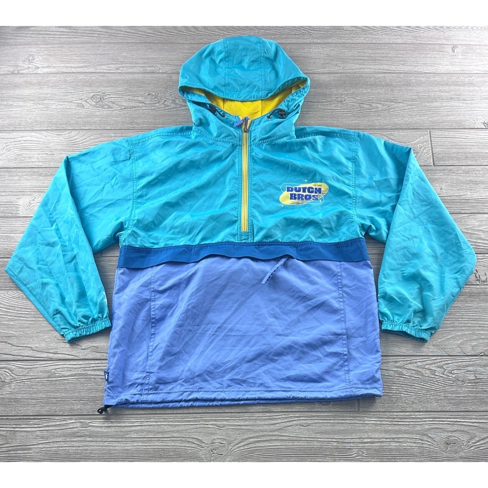 Dutch Bros Coffee Windbreaker Jacket Mens Medium Blue Teal Colorblock Pullover